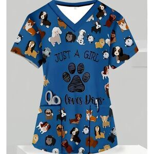 Plus Size 2XL Women's V-Neck Scrub Top For Veterinary/Nurse Front/Back Design